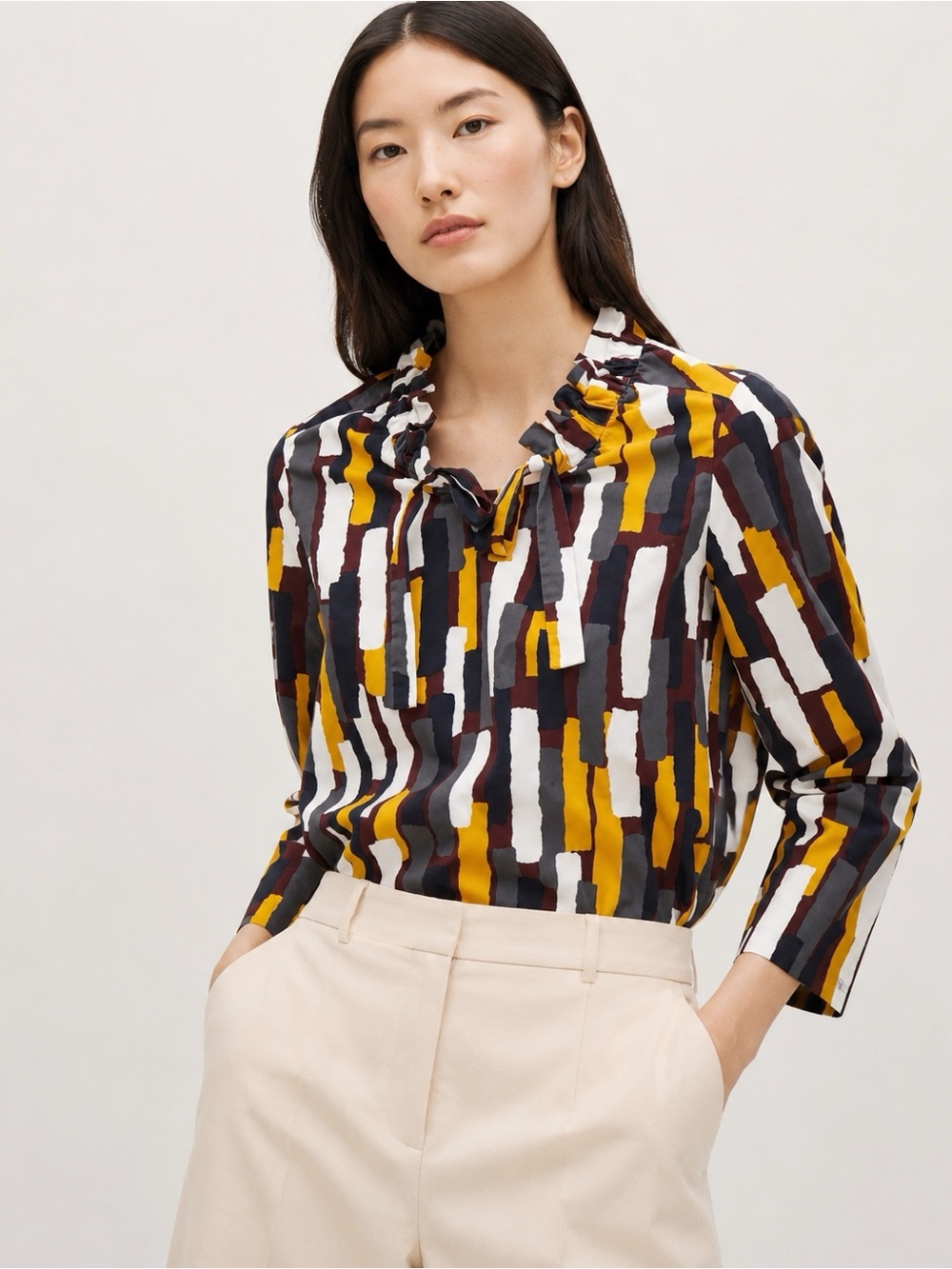 COS Woman Poplin Geometric Print Tie Neck Blouse US2 Contemporary Classic Office